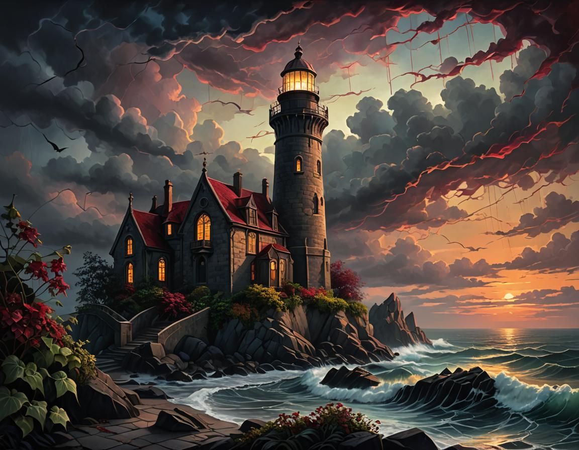 Gothic Lighthouse at Dusk: A Romantic Oil Painting