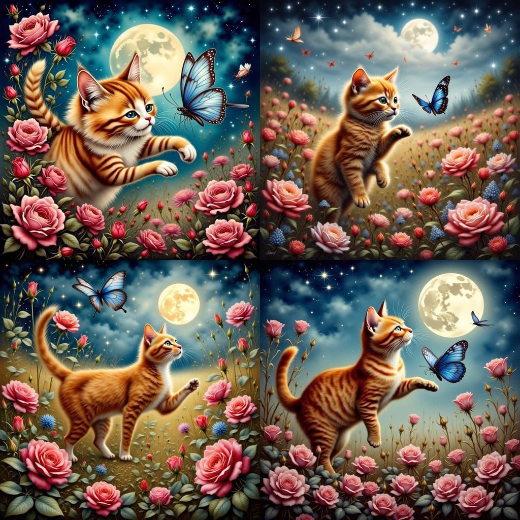 Whimsical Watercolor Scene of Tabby Cat Chasing Butterfly in...