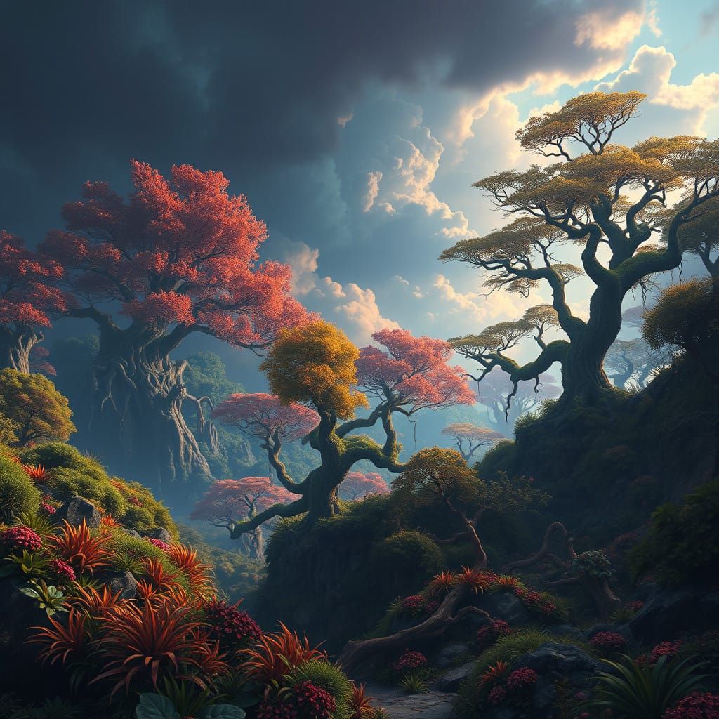 Dreamlike Fantasy Landscape with Ancient Trees and Vibrant F...