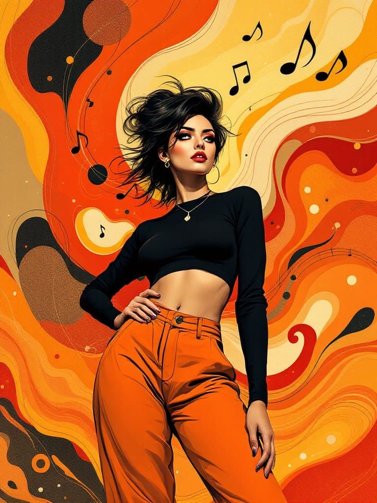 Vibrant Woman Defies the Silence in a Swirling Abstract Back...