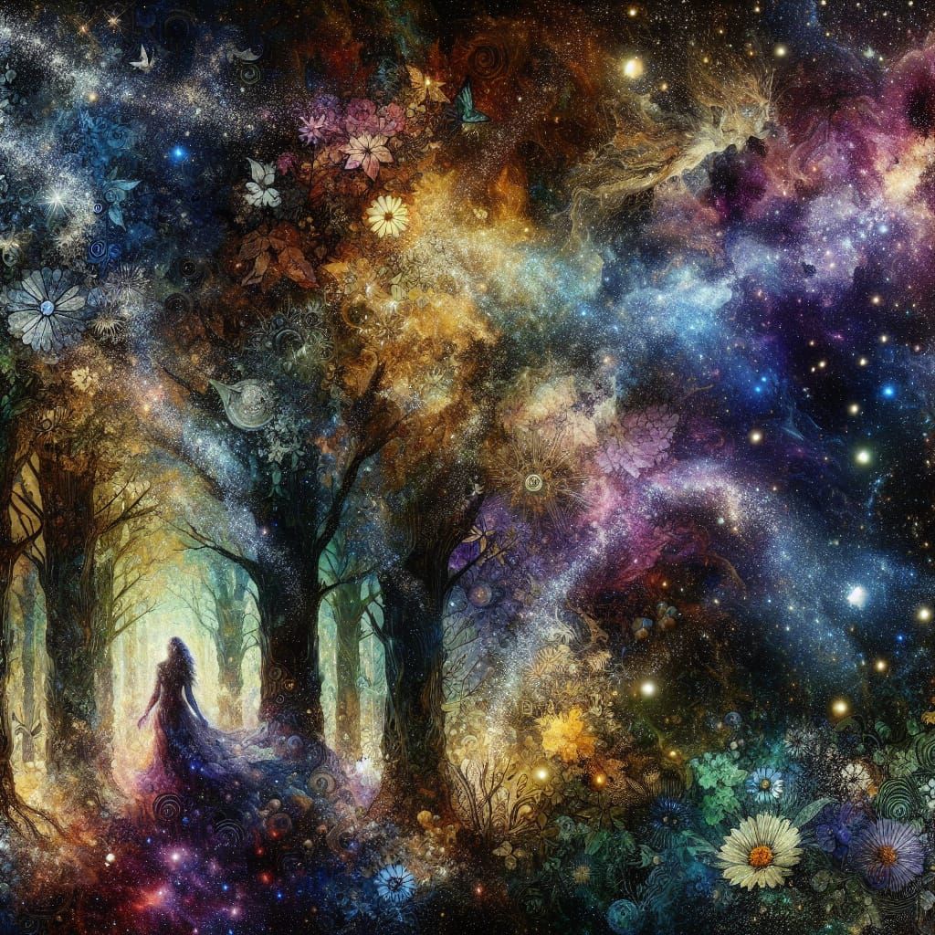 Cosmic Forest: Spiritual Woman in Romantic Painting Style