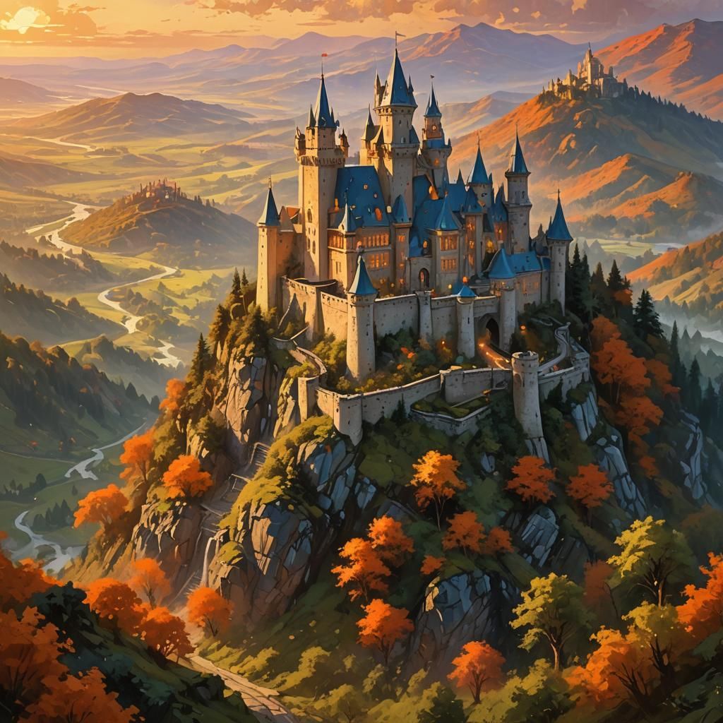 Fantasy Castle Sunset: Digital Art in Garmash Style