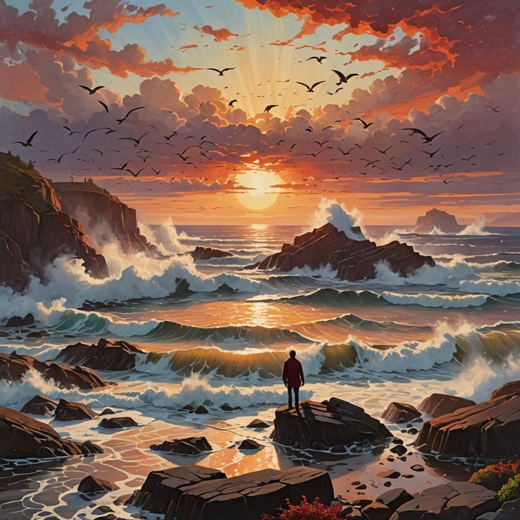 Fiery Sunset Over Rocky Shoreline, Comic Book Art