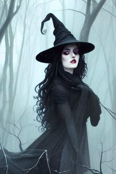 Gothic Wiccan Witch Portrait in Misty Forest