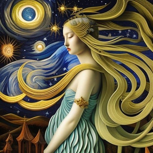 Celestial Woman in Surreal Starry Night Fairytale