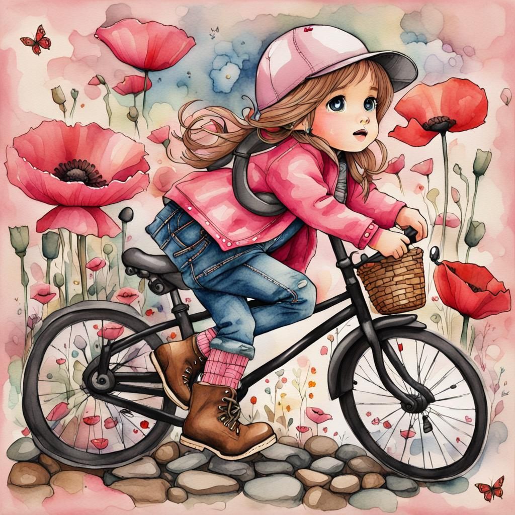 Chibi Girl on Bicycle: Watercolor and Ink Illustration