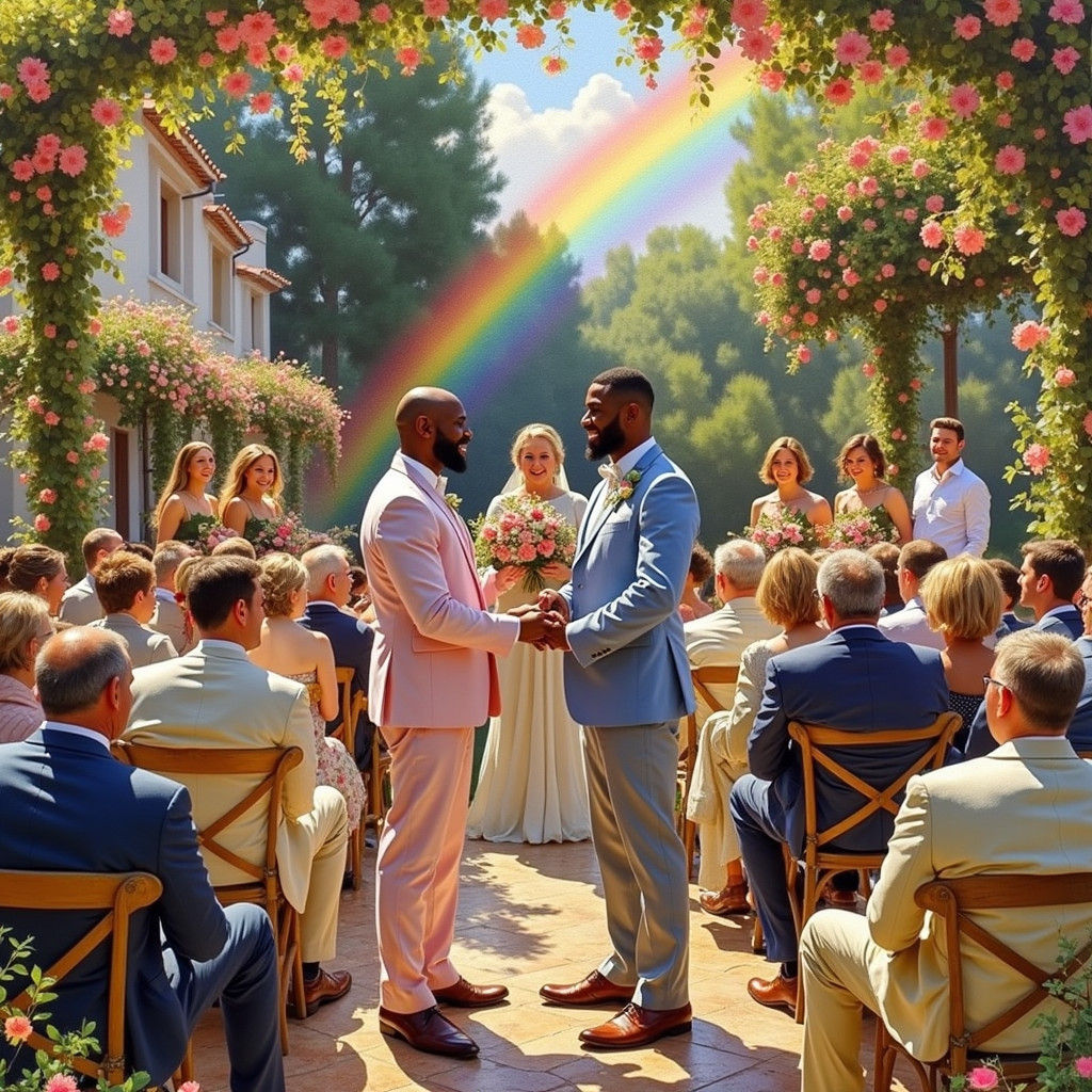 Gay Wedding in Impressionist Style with Rainbow