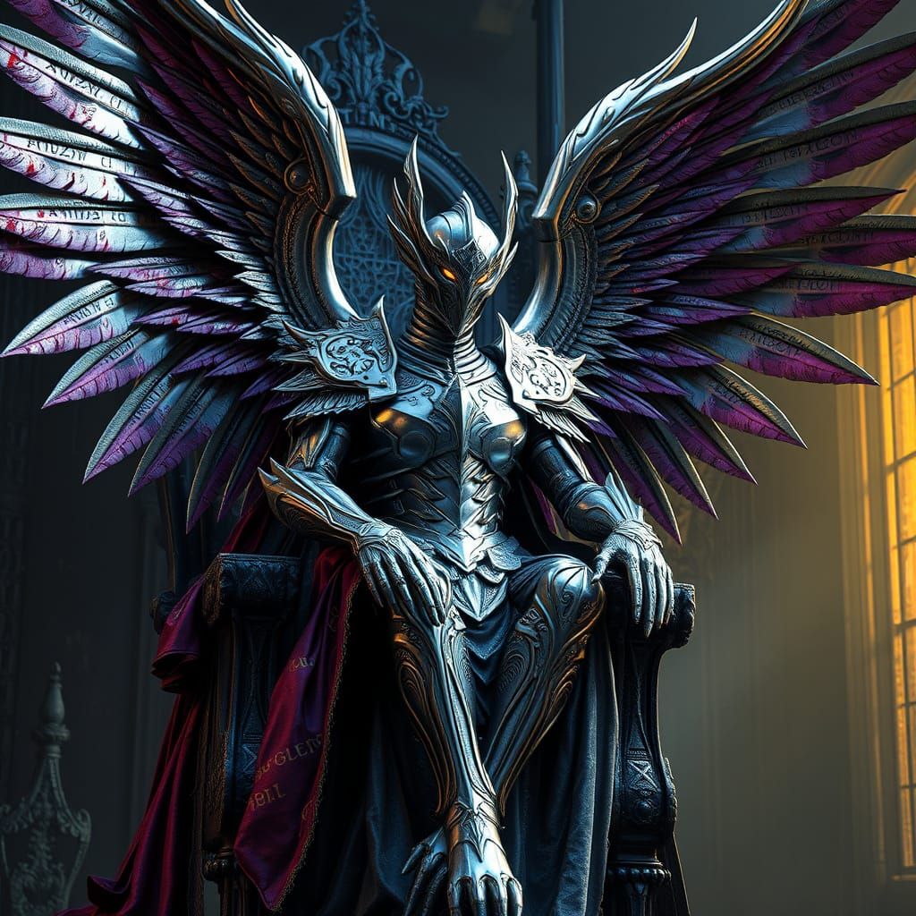 Majestic Fallen Angel in Silver Armor with Blood-Stained Win...