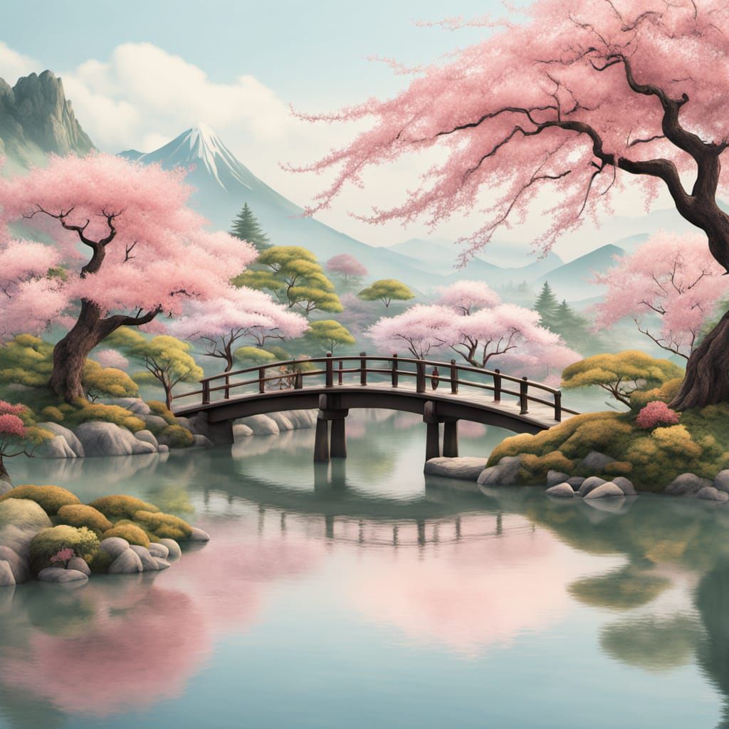 Serene Japanese Garden Oasis in Pastel Hues