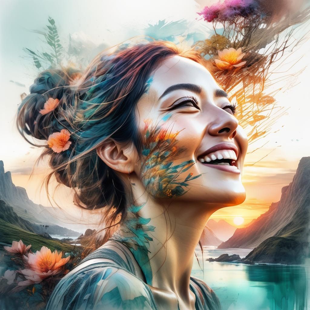 Laughing Woman in Fantasy Landscape: Watercolor Art