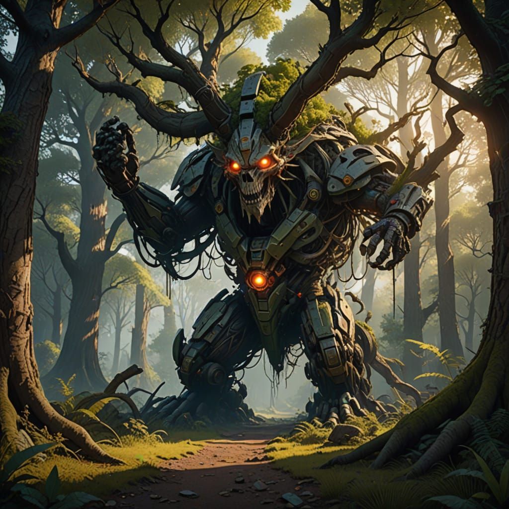 Mystical Ancient Being Emerges from Lush Forest in Golden Li...