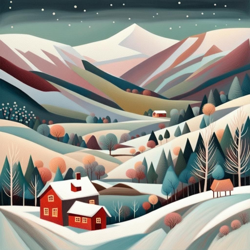 Winter Mountain Landscape in Folk Art Style