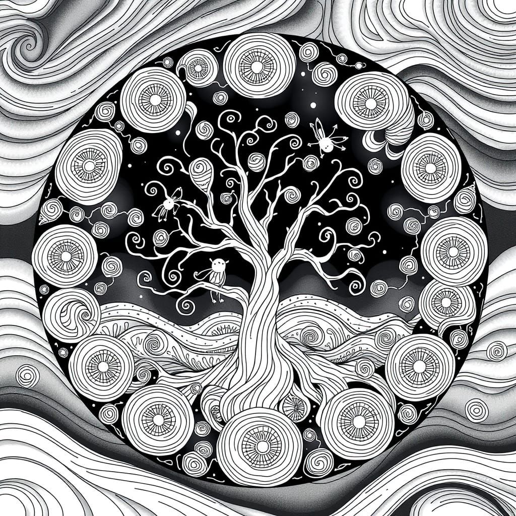 Whimsical Nightscape Mandal Art in Intricate Black and White...