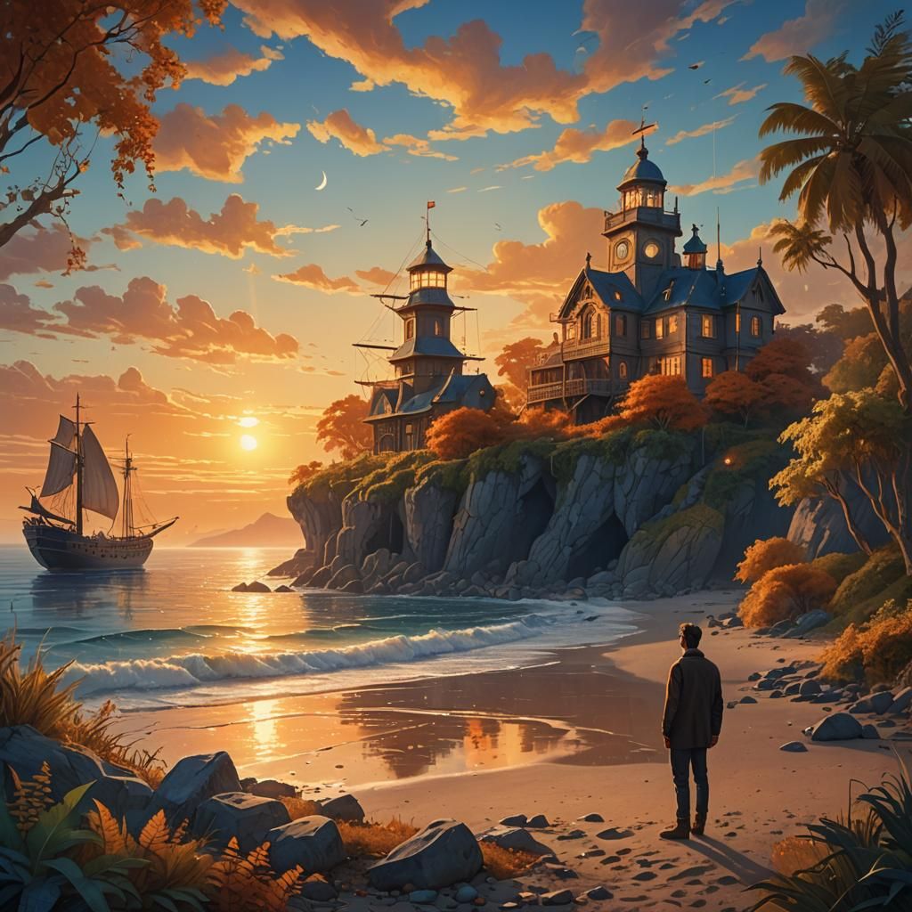 Golden Sunset: Fantasy Shoreline Digital Painting