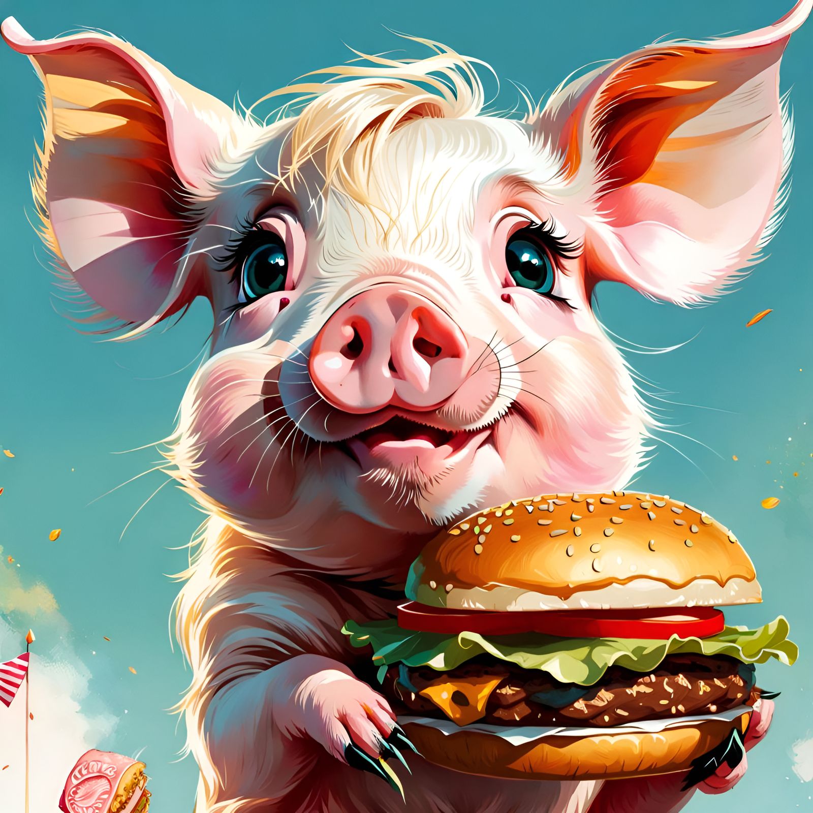 Adorable Pig with Hamburger in Digital Art Style