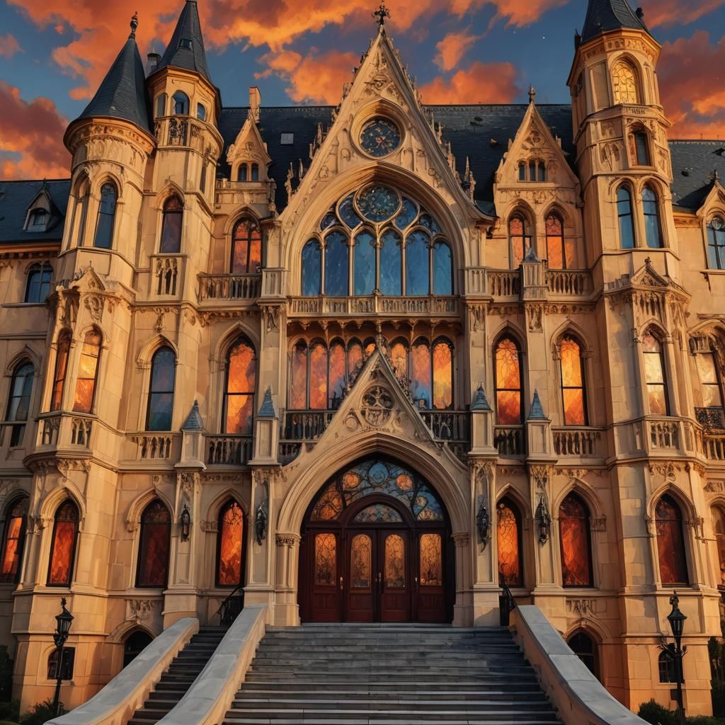 Golden Gothic Mansion Under Swirling Starry Sky