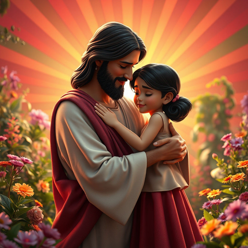 Jesus Embraces Girl in Whimsical Garden: 3D Digital Art
