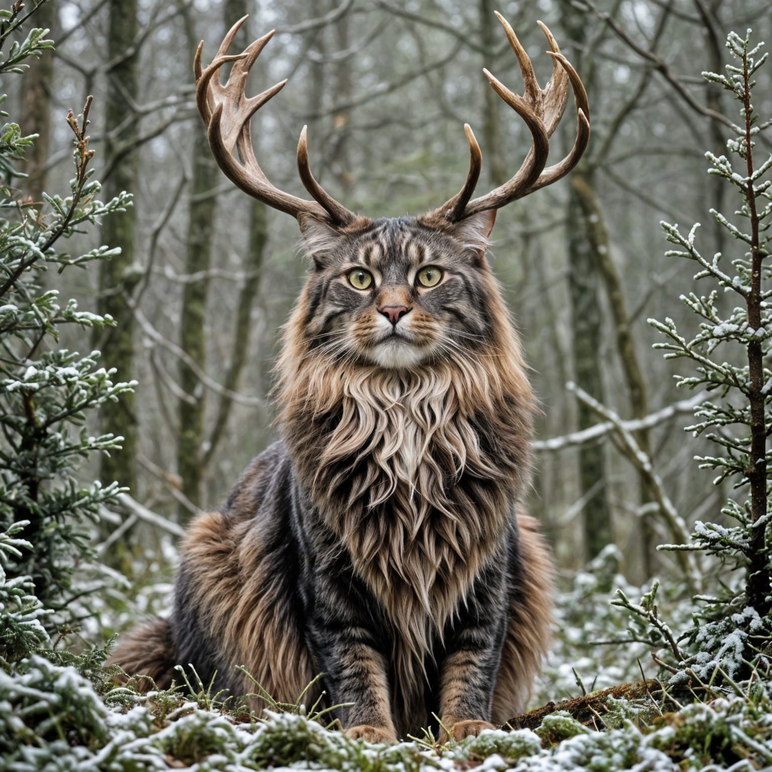 Majestic Maine Coon Cat with Stag Antlers