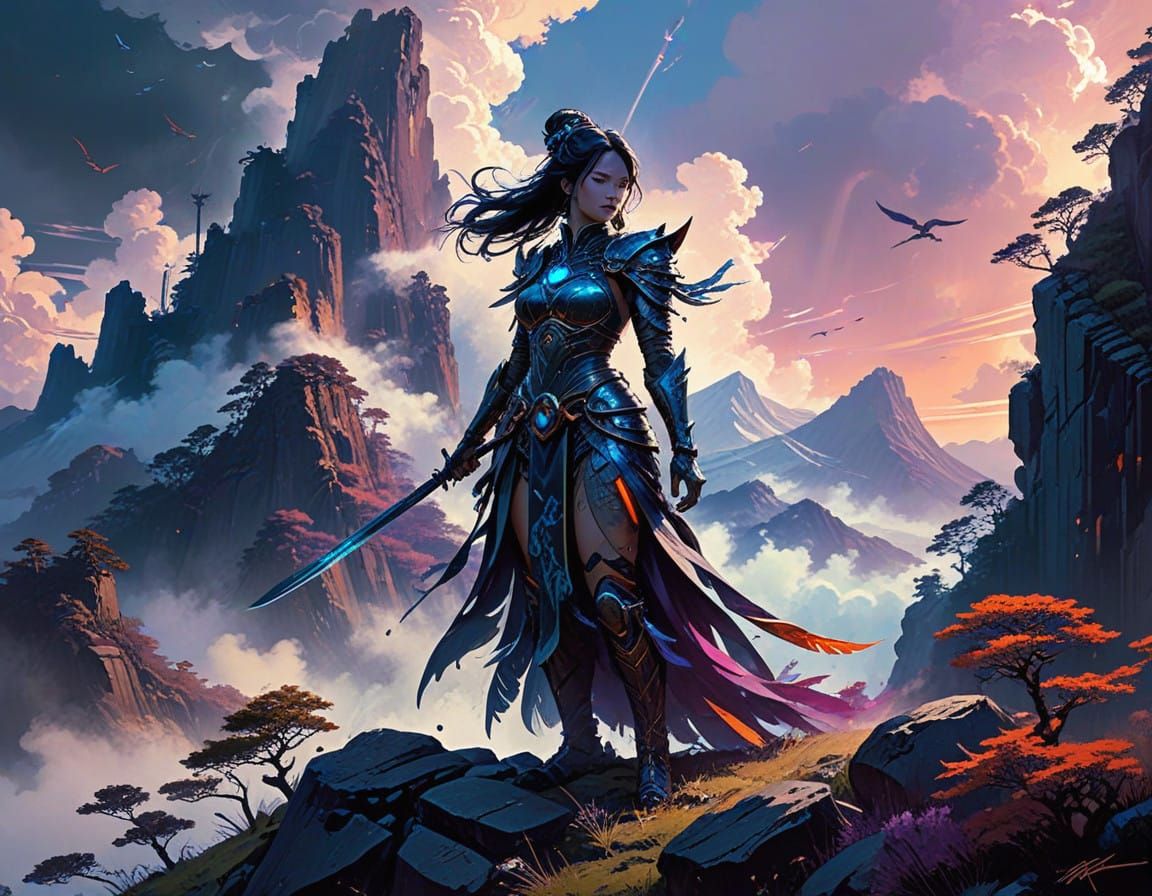 Ethereal Warrior-Priestess in Yoshitaka Amano-Inspired Fanta...