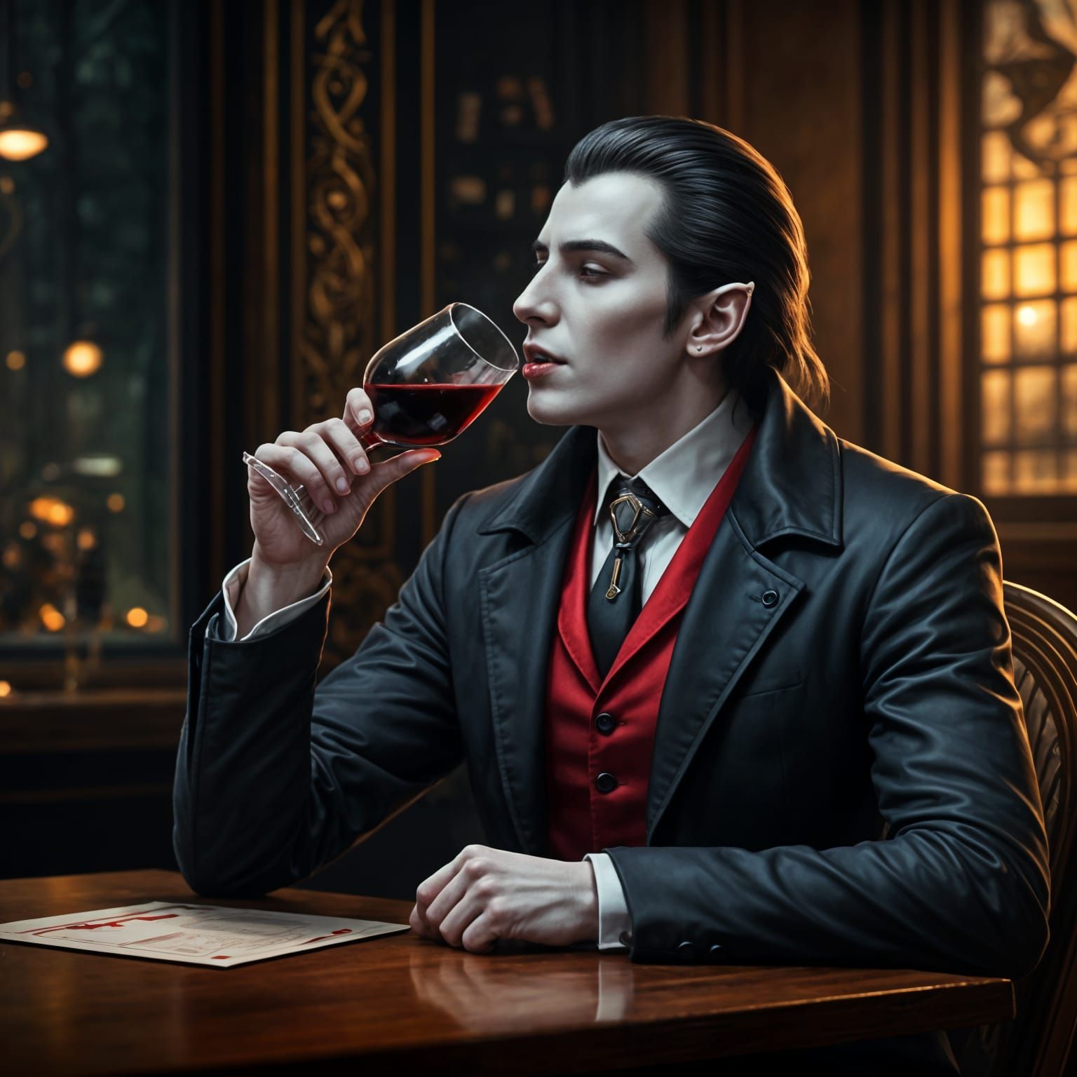 Elegant Vampire Sips Blood at Trendy Café in Deep Fantasy Ar...