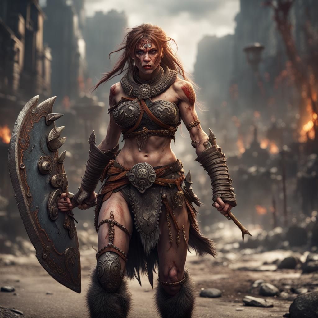 Monster Barbarian Warrior in Sacked City: Fantasy Art