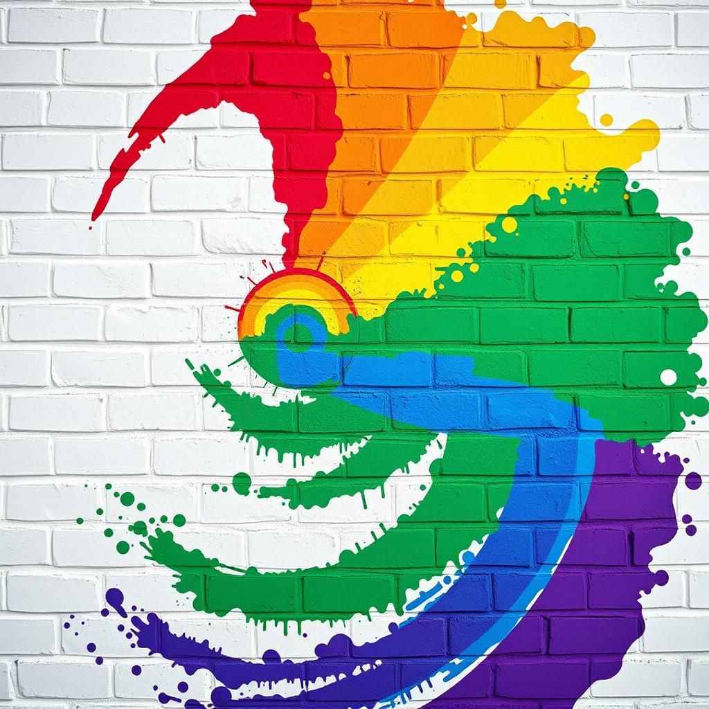 Rainbow Spiral Paint Splatter on White Brick Wall