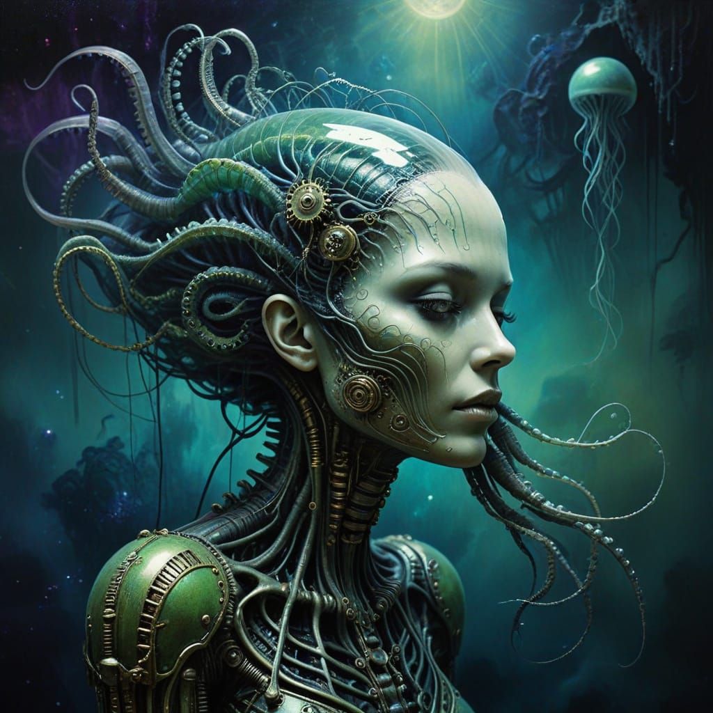 Bioluminescent Jellyfish Adorned with Clockwork Gears