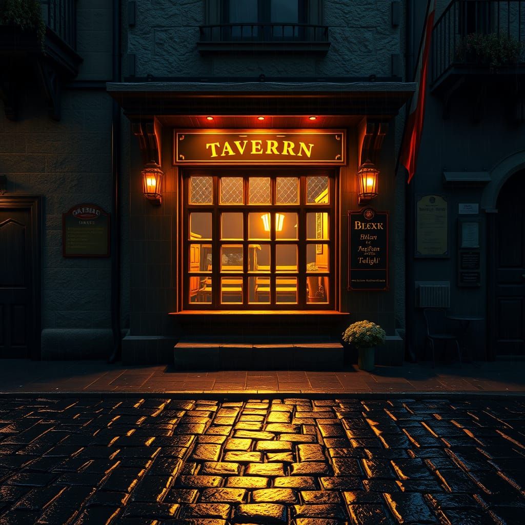 Cozy Tavern Window on Rainy Night in 3D Cinematic Style