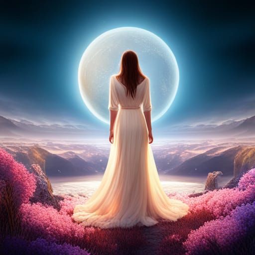 Luminous Art Nouveau Woman Under Crescent Moon