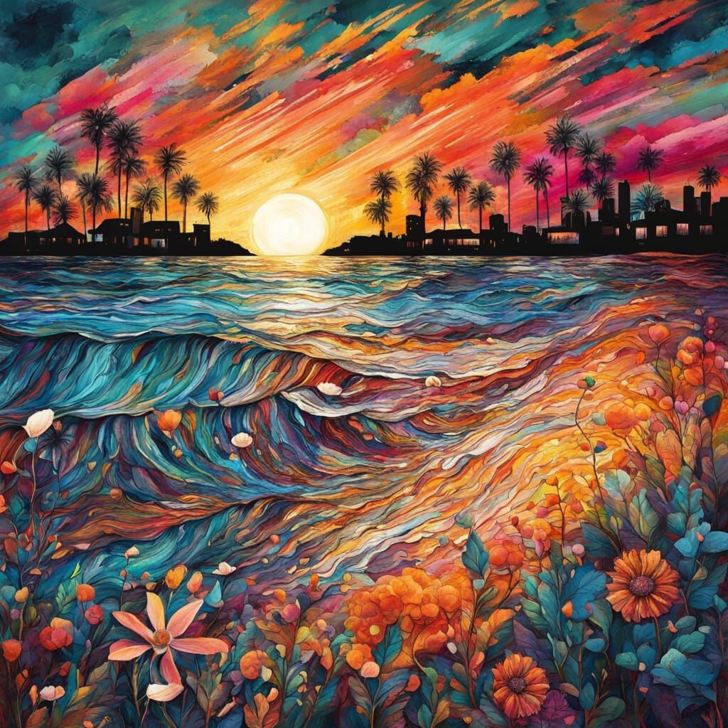 Dynamic Mixed Media Sunset with Bold Textures