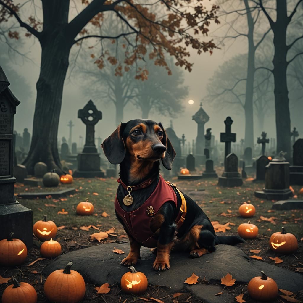 Dachshund in Gryffindor Uniform in Graveyard on Halloween