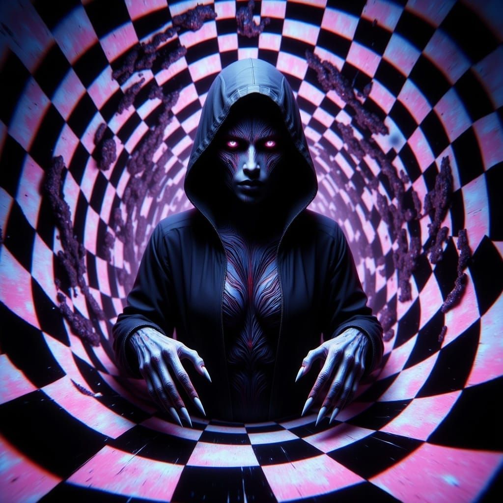 Dramatic Hooded Figure Emerges in Holographic Digital Art