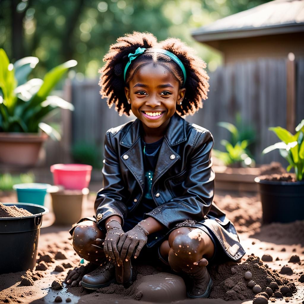 Happy Girl Making Mud Pies in 1960s Backyard