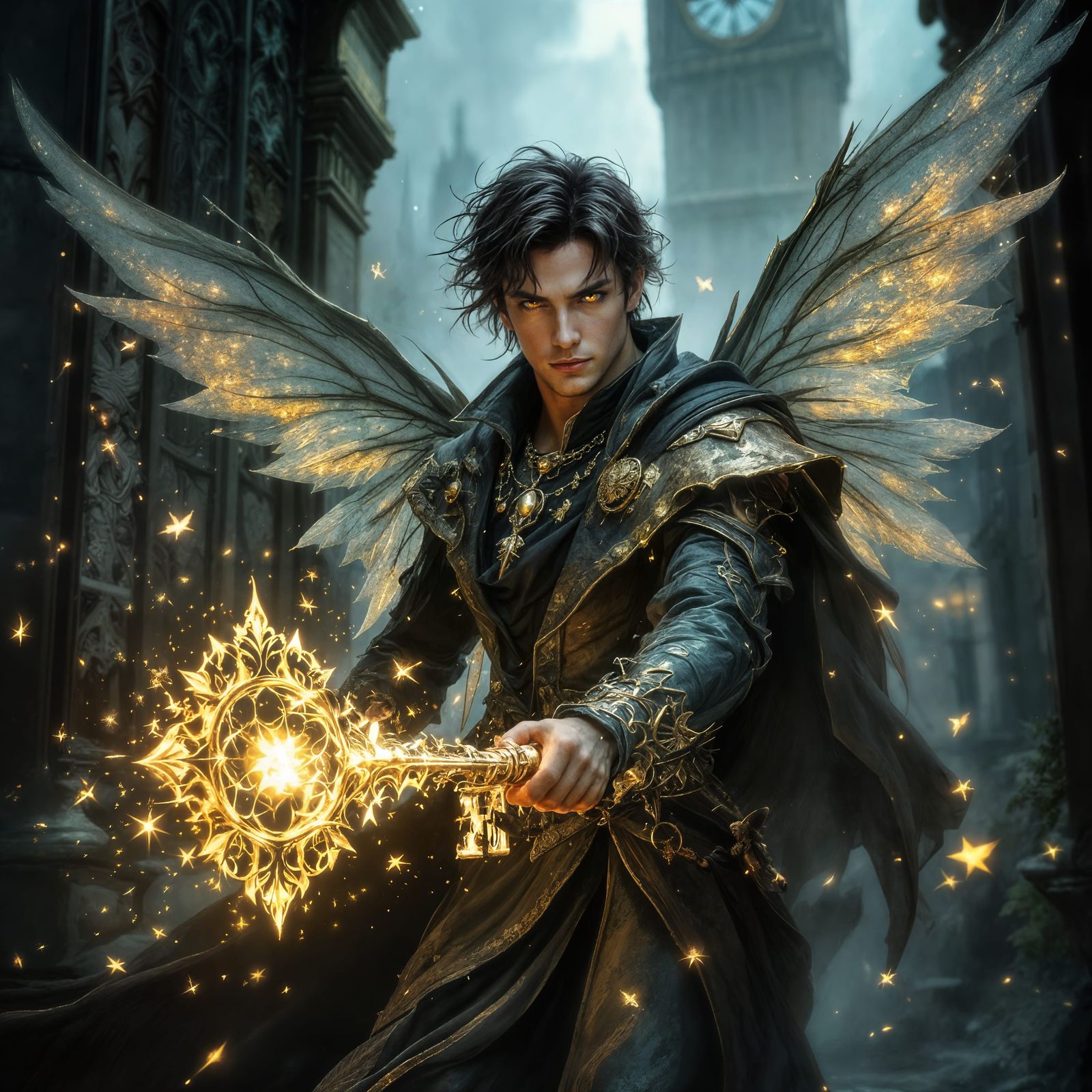 Handsome Fairy with Magical Key in Dark Fantasy Style