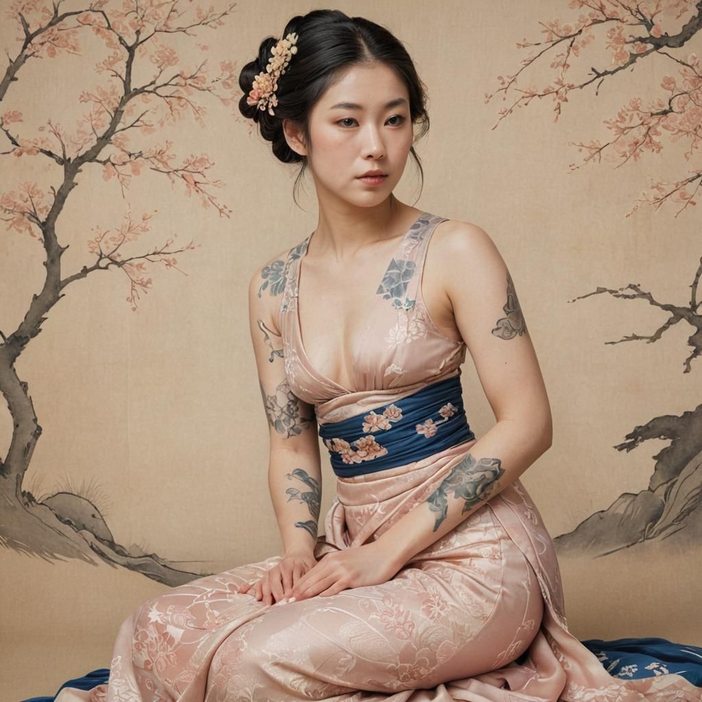 Ukiyo-e Portrait of Tattooed Woman in Kimono