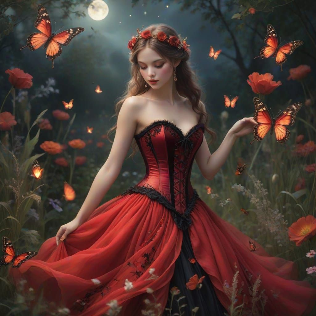 Fairy Dancing in Moonlit Garden with Living Flames
