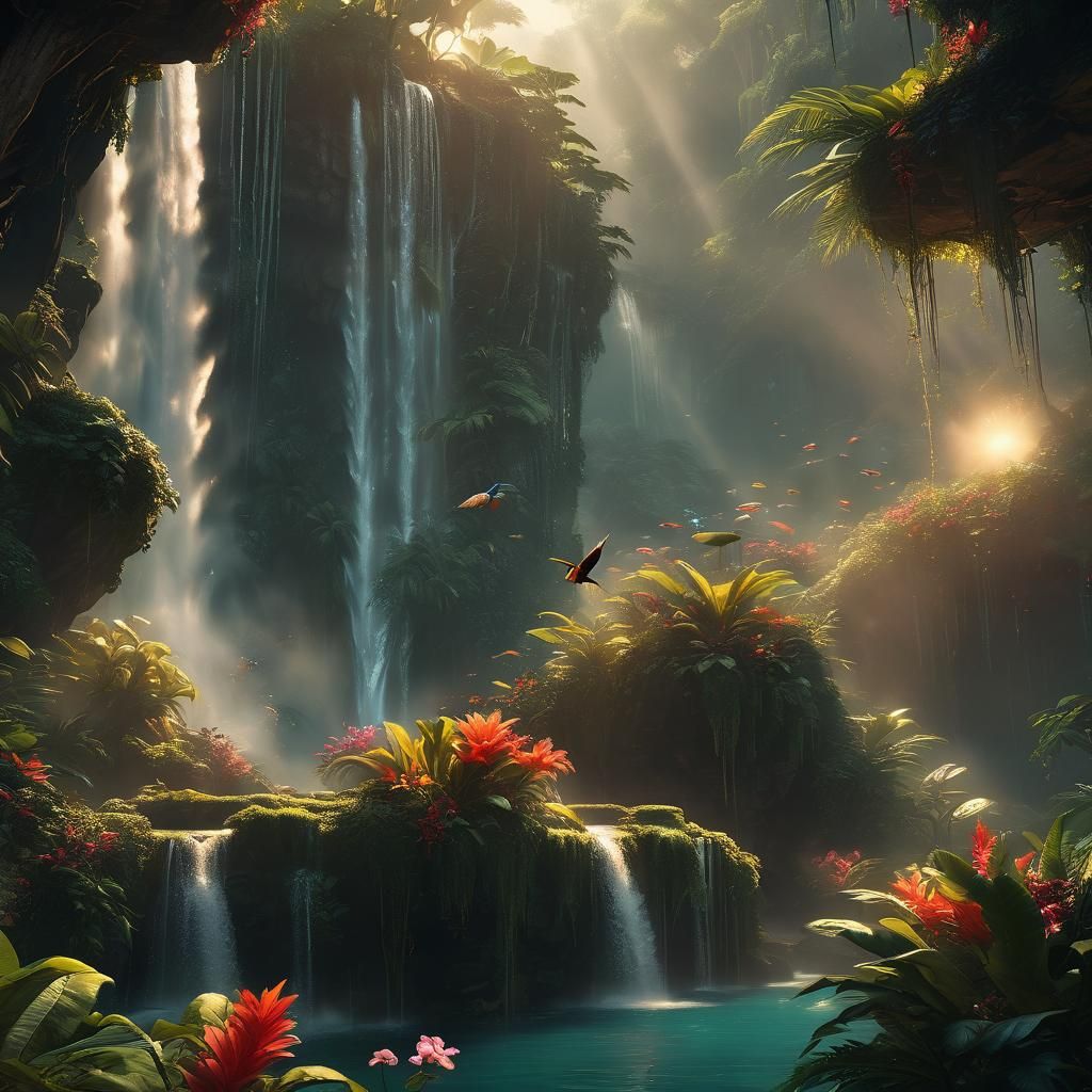 Fantasy Waterfall Scene in Digital Watercolour Style