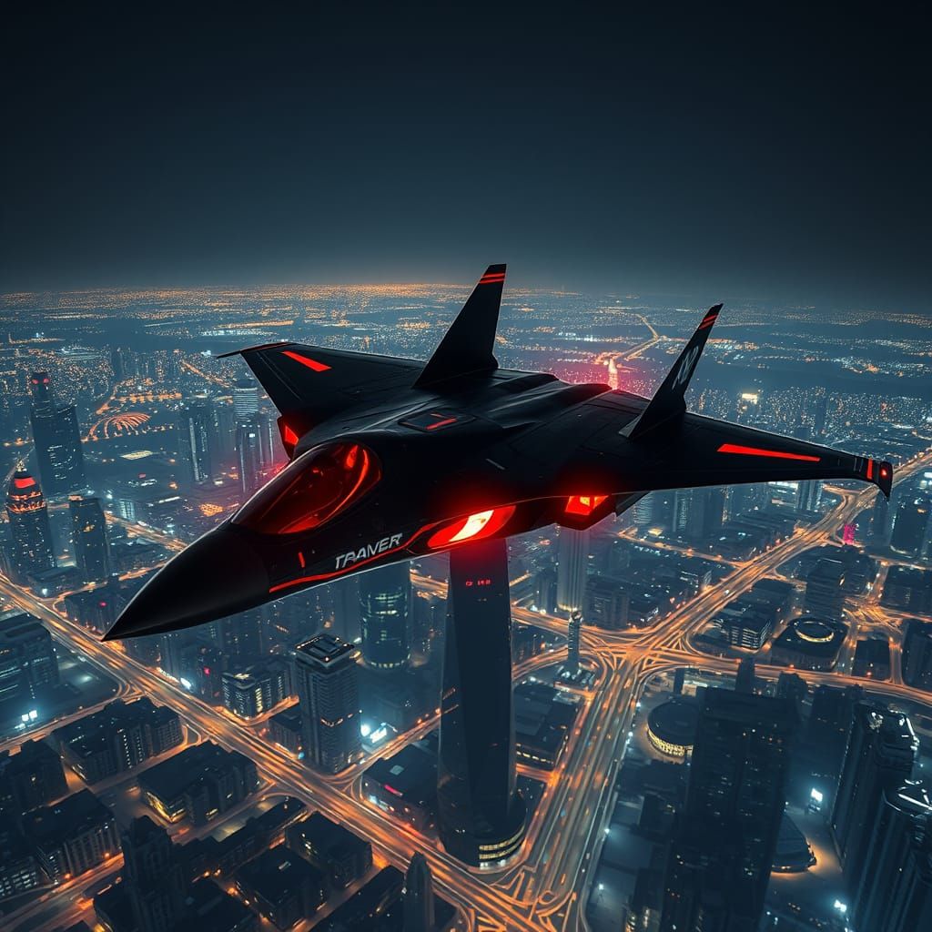 Cyberpunk Black Raven Fighter Jet Soars Over City