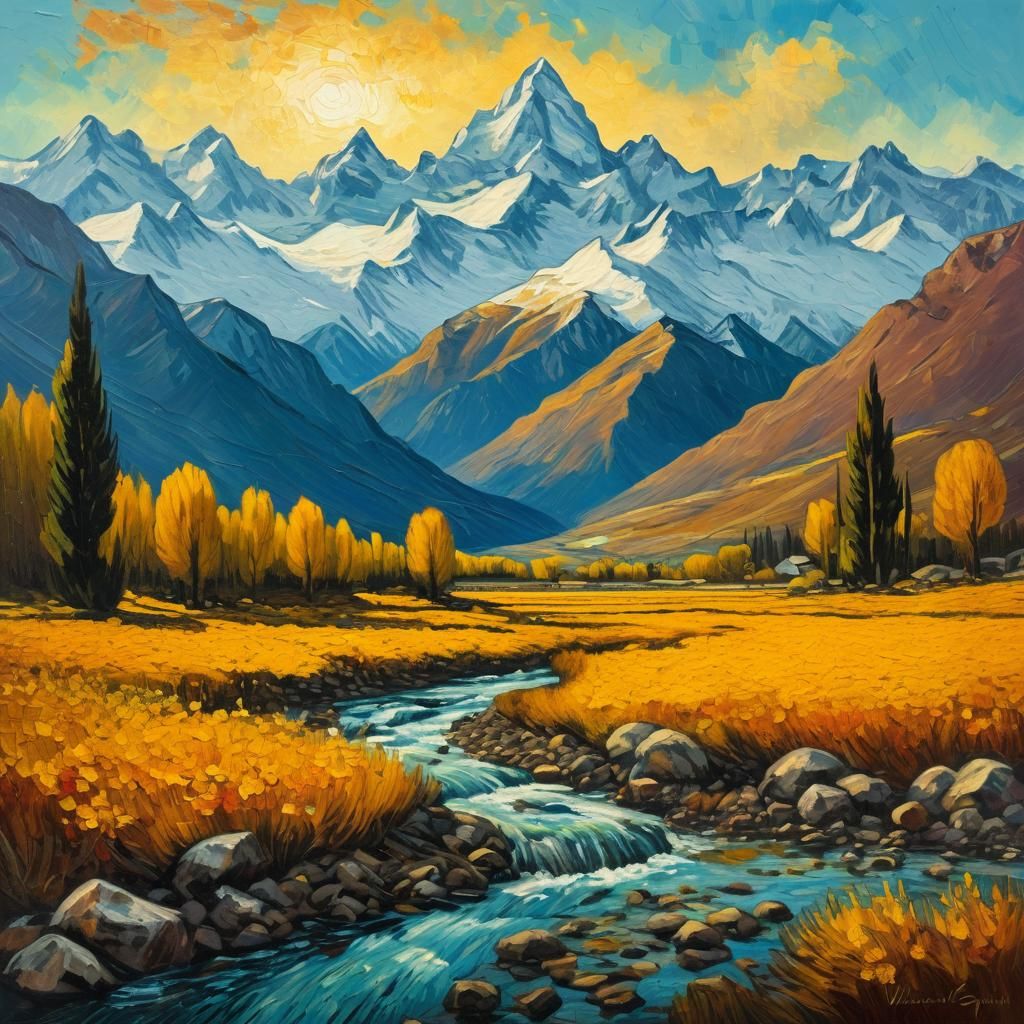 Majestic Mountain Range in Impressionist Oil Painting