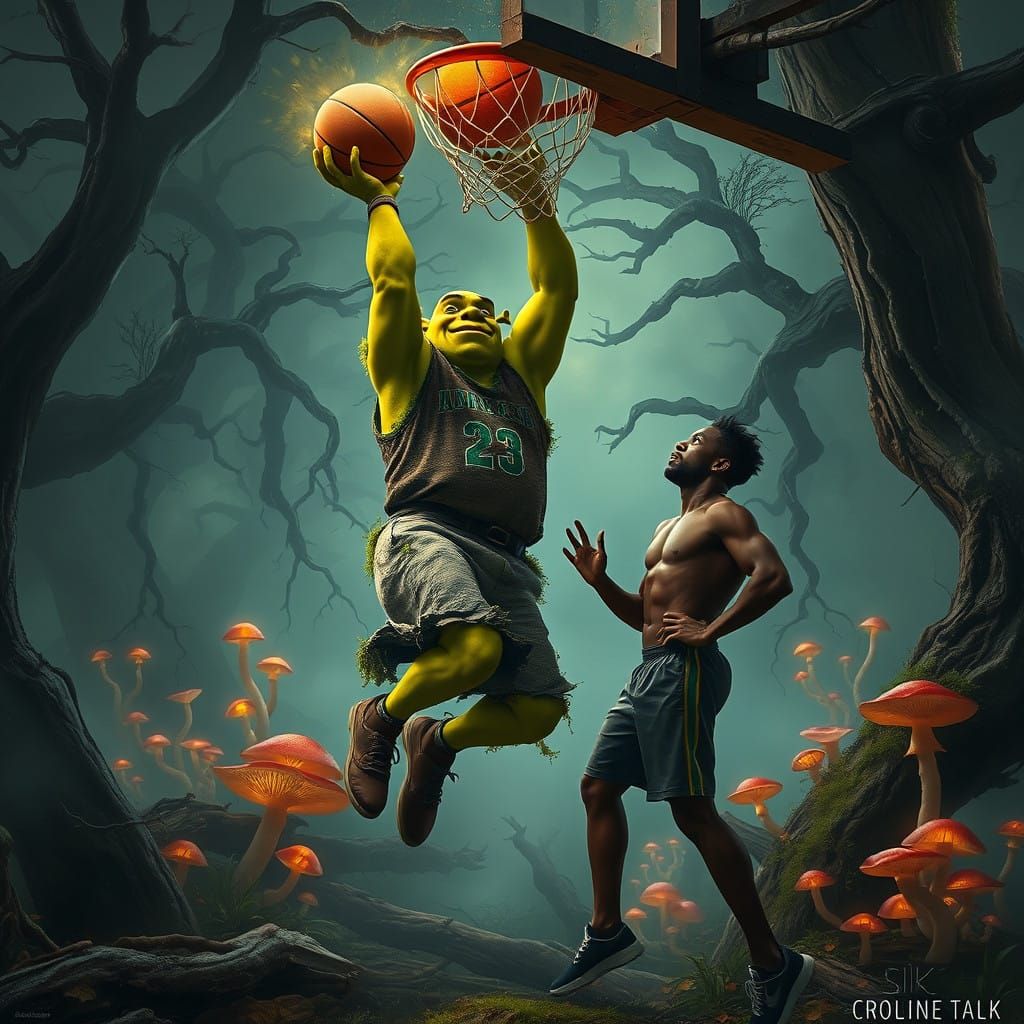 Shrek Dunking in a Swampy, Dreamlike Scene