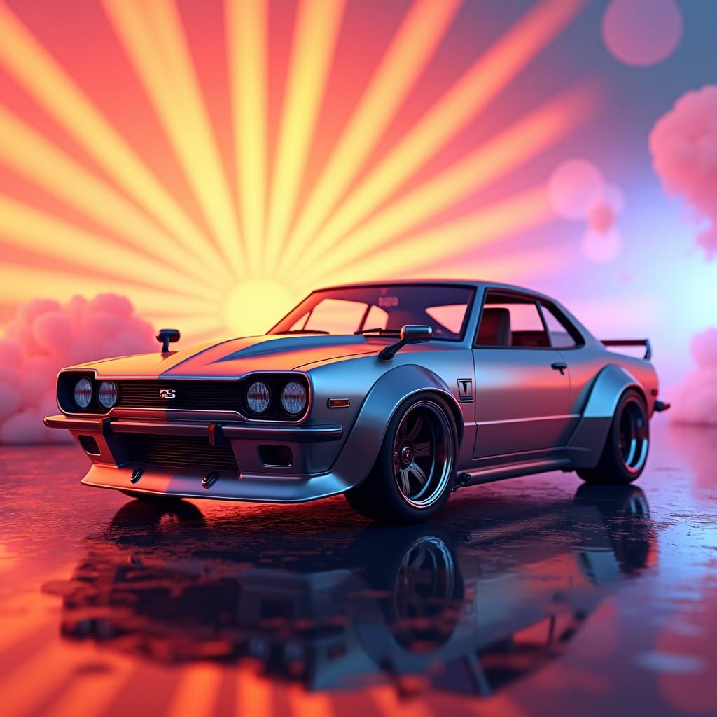 Photorealistic Nissan Skyline in Dreamlike Pixar Environment