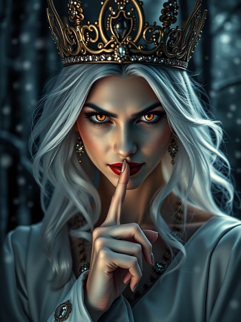 Regal Vampire Queen in White Gown with Evil Smile