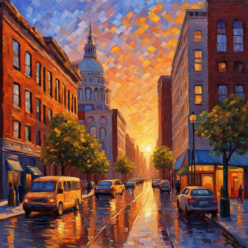 St. Louis Golden Hour Masterpiece in Neo-Impressionist Style
