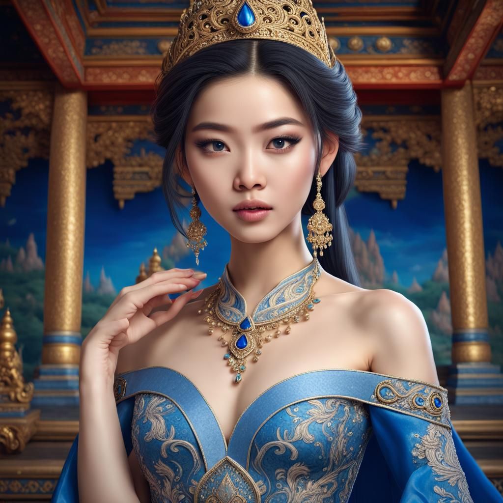 Hyperrealistic Portrait of Asian Woman in Thai Dress