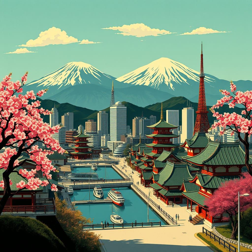 Vintage Art Deco Travel Poster of Nagasaki, Japan