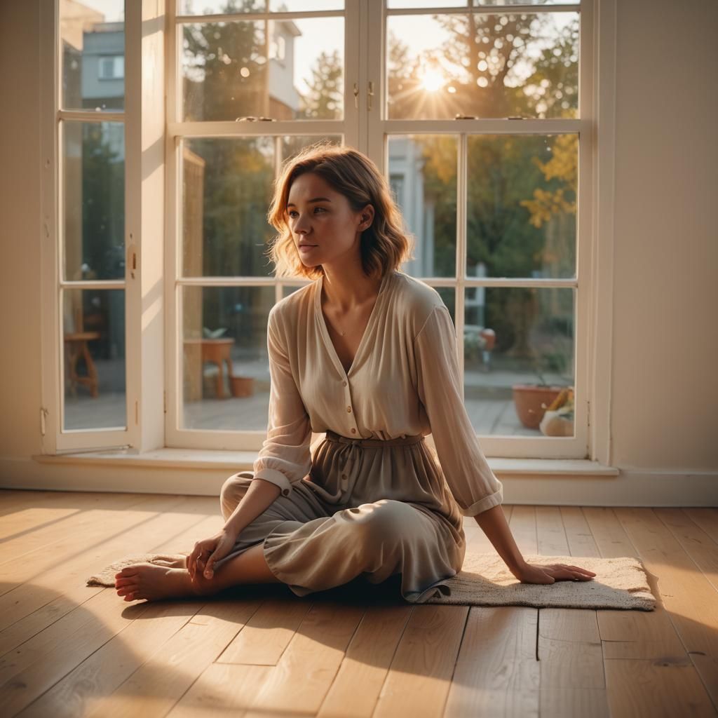 Cinematic Woman in Sunlit Room at Sunset