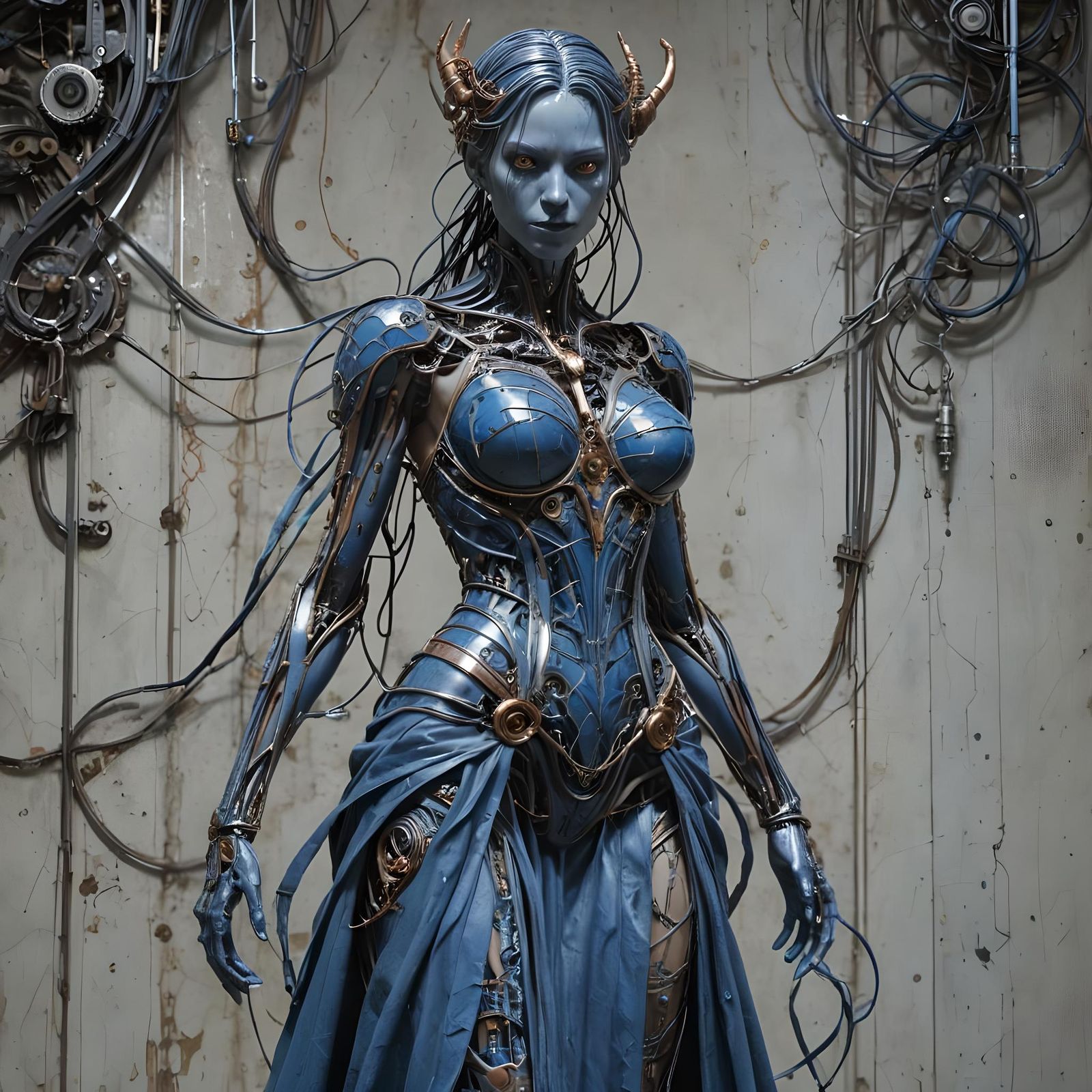 Cybernetic Blue Demon Goddess in Futuristic Cityscape