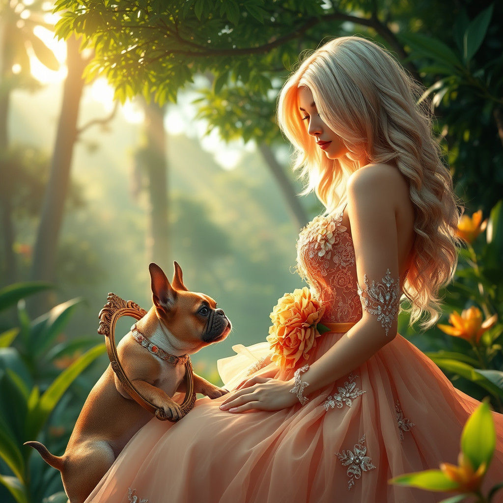 Bali-Inspired Dreamscape with Woman, Dog, and Lion Reflectio...