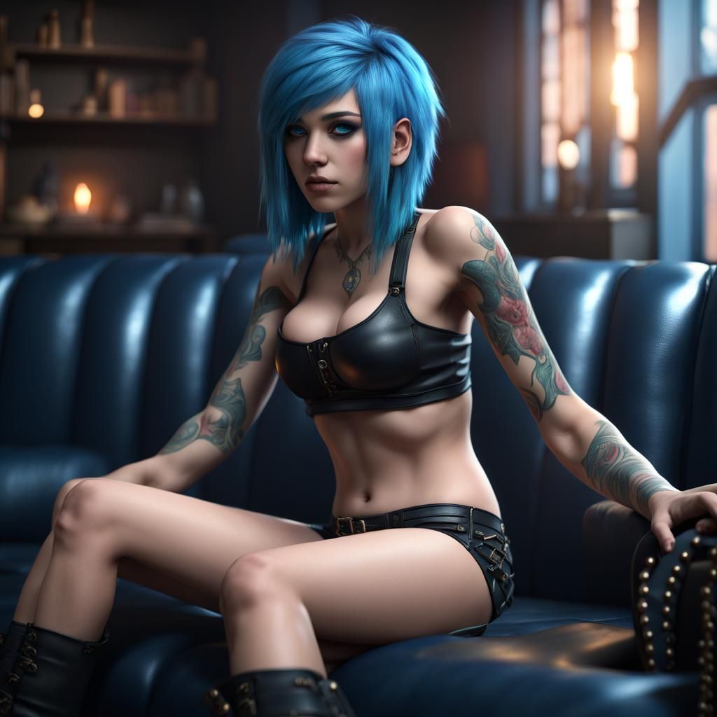 beautiful emo teen with blue hair and big breast 54g very tight short underwear sitting  at black leather couch full bod...