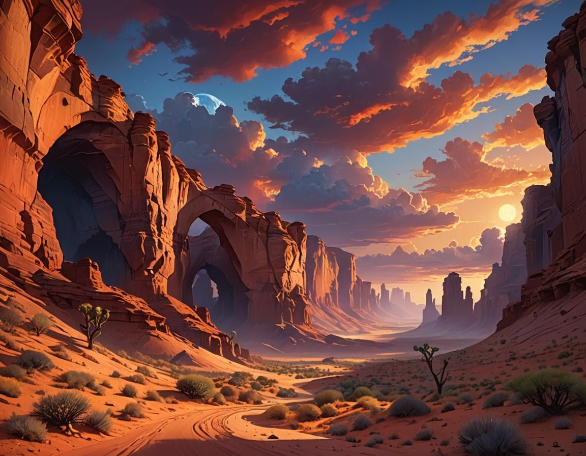Mystical Desert Sunset with Sandstone Canyon